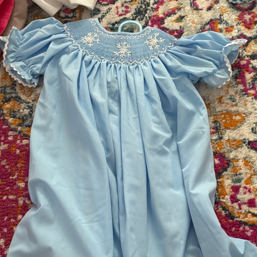 Light Blue Smocked Dress with White Embroidery